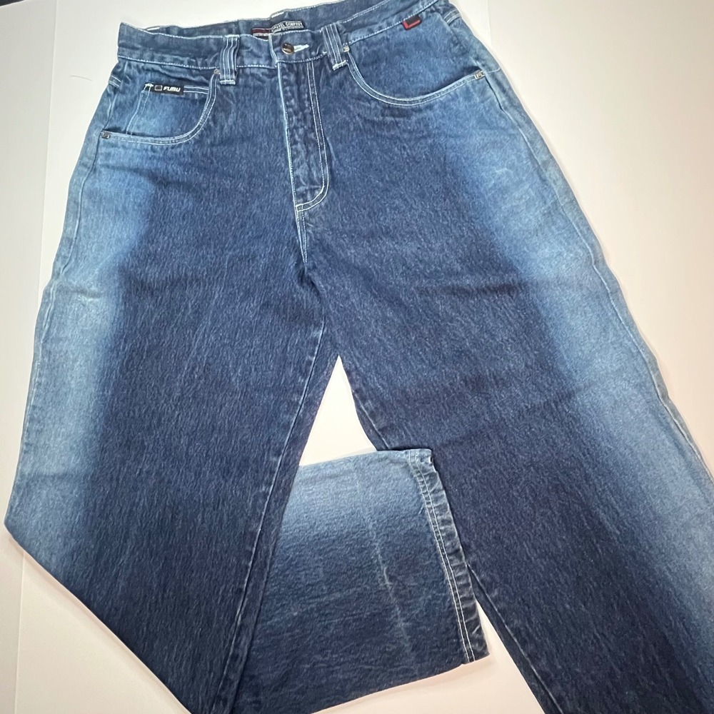 FUBU Vintage Baggy Jeans Mens 34x34 Dark Wash Blue Denim Wide Leg Hip Hop 90s